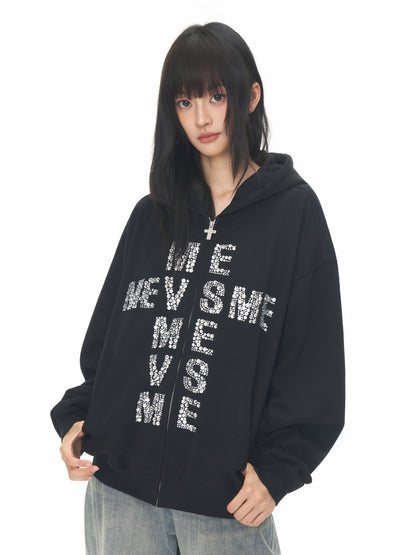 RHINESTONE LOGO ZIP HOODIE