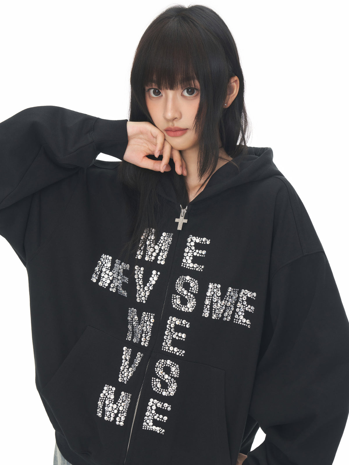 RHINESTONE LOGO ZIP HOODIE