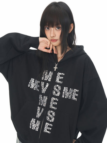 RHINESTONE LOGO ZIP HOODIE