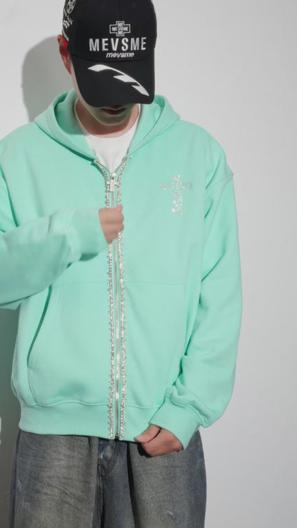 Kapuzenpullover mit Reißverschluss und Strassverzierung